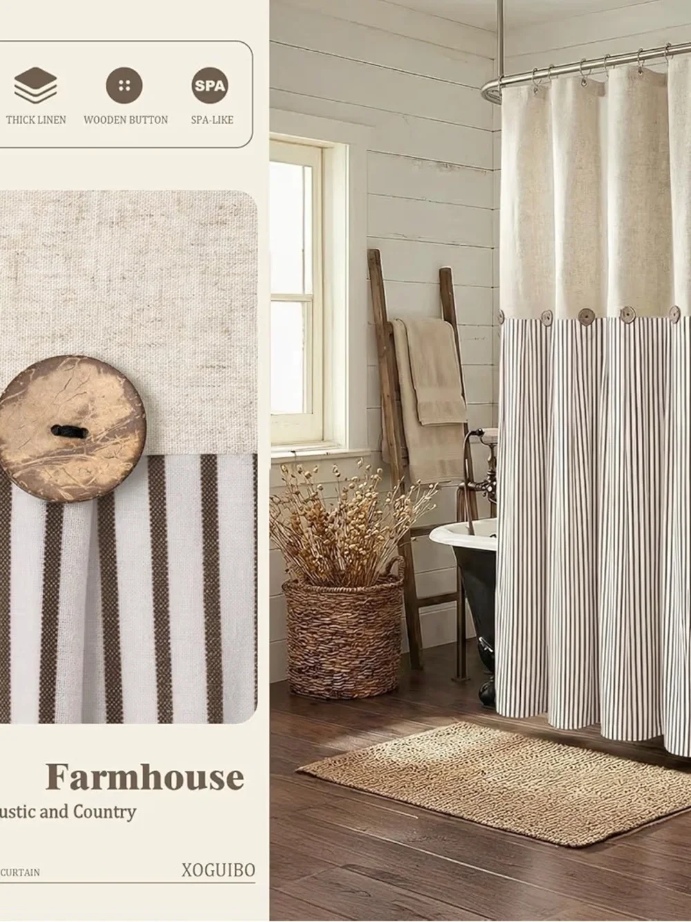 Extra Long Shower Curtains 84”Farmhouse Linen Pleated Brown Stripe 72